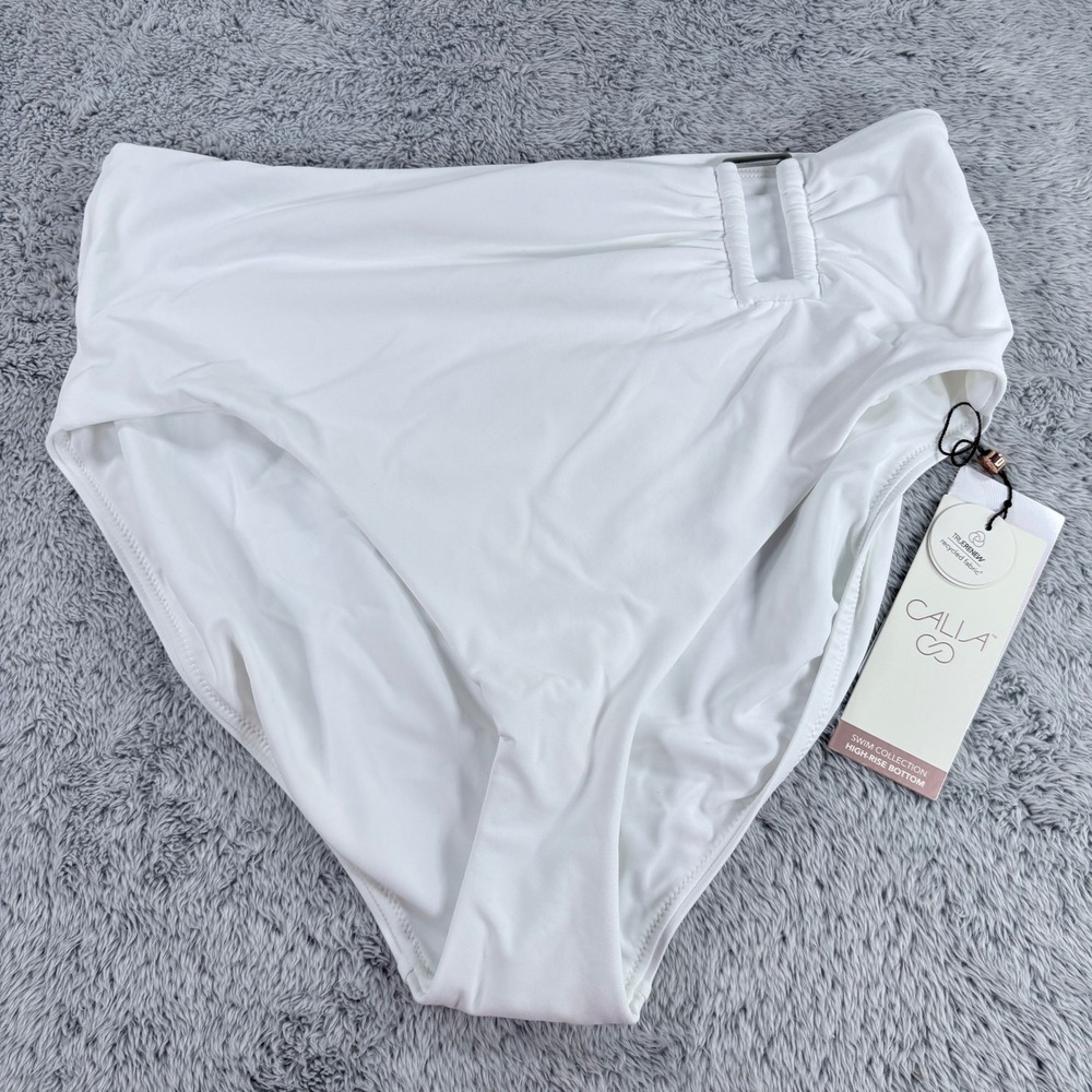 Calia Asym Rectangle Trim High Rise Bikini Bottom Pure White WSA15405 Women's M